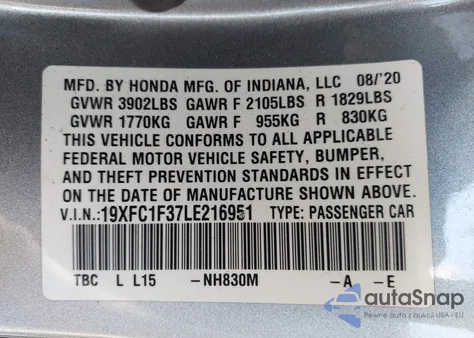 2020 Honda Civic Ex z USA, uszkodzony, nr VIN 19XFC1F37LE216951